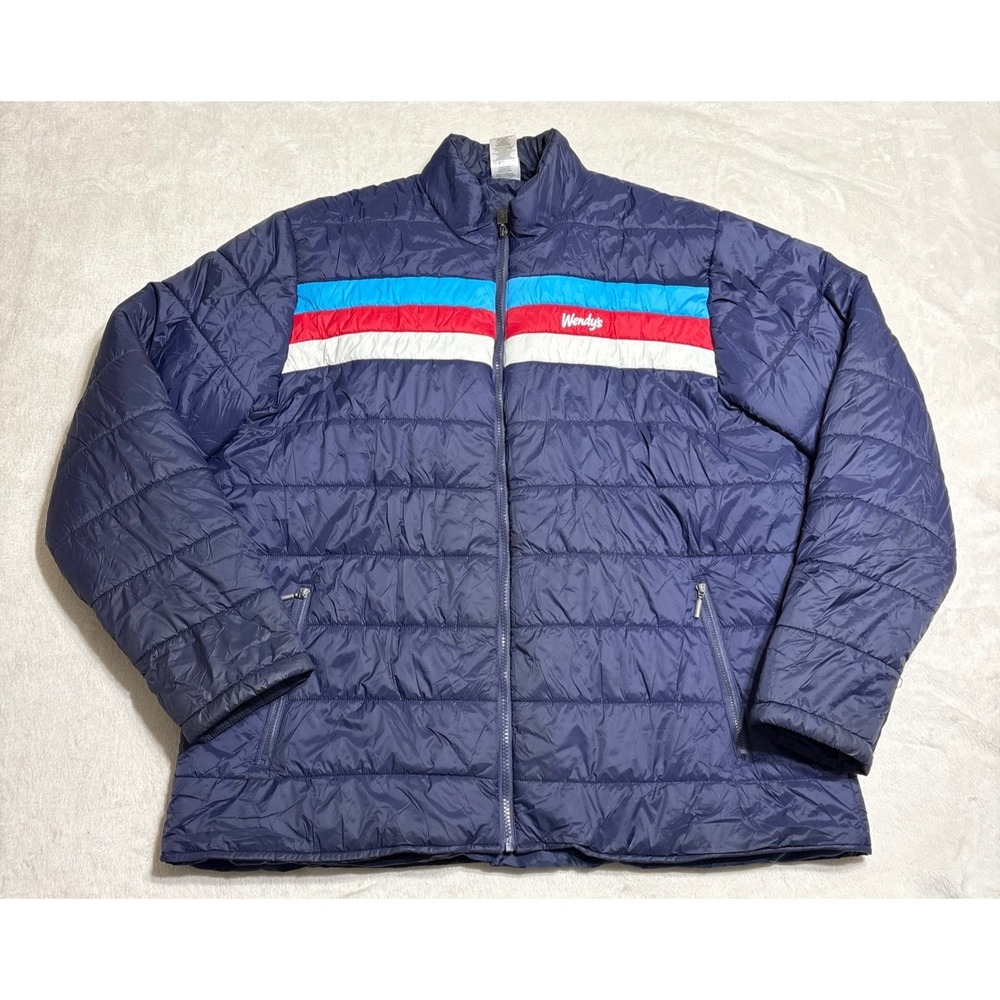 Vintage Wendys Puffer Jacket Mens Size XL Blue Retro Stripe Logo Full Zip Barco